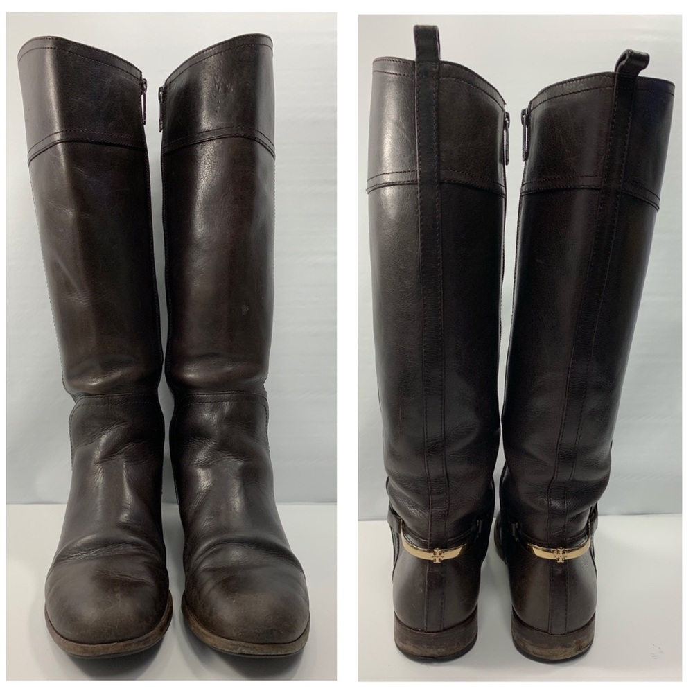Tory Burch Tall Leather Riding Boots in Dark Brown with Gold Hardware